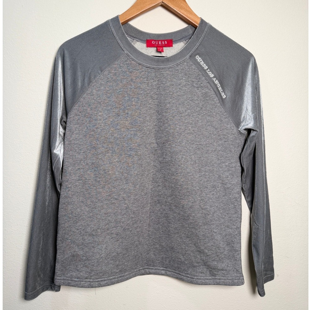 Guess Stela Velvet Sweatshirt Grey Heather Raglan Long Sleeve Logo Q75Q04R6GS0 M